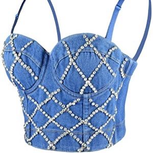 Women Rhinestone Denim Bustier Crop Top Corset Bra